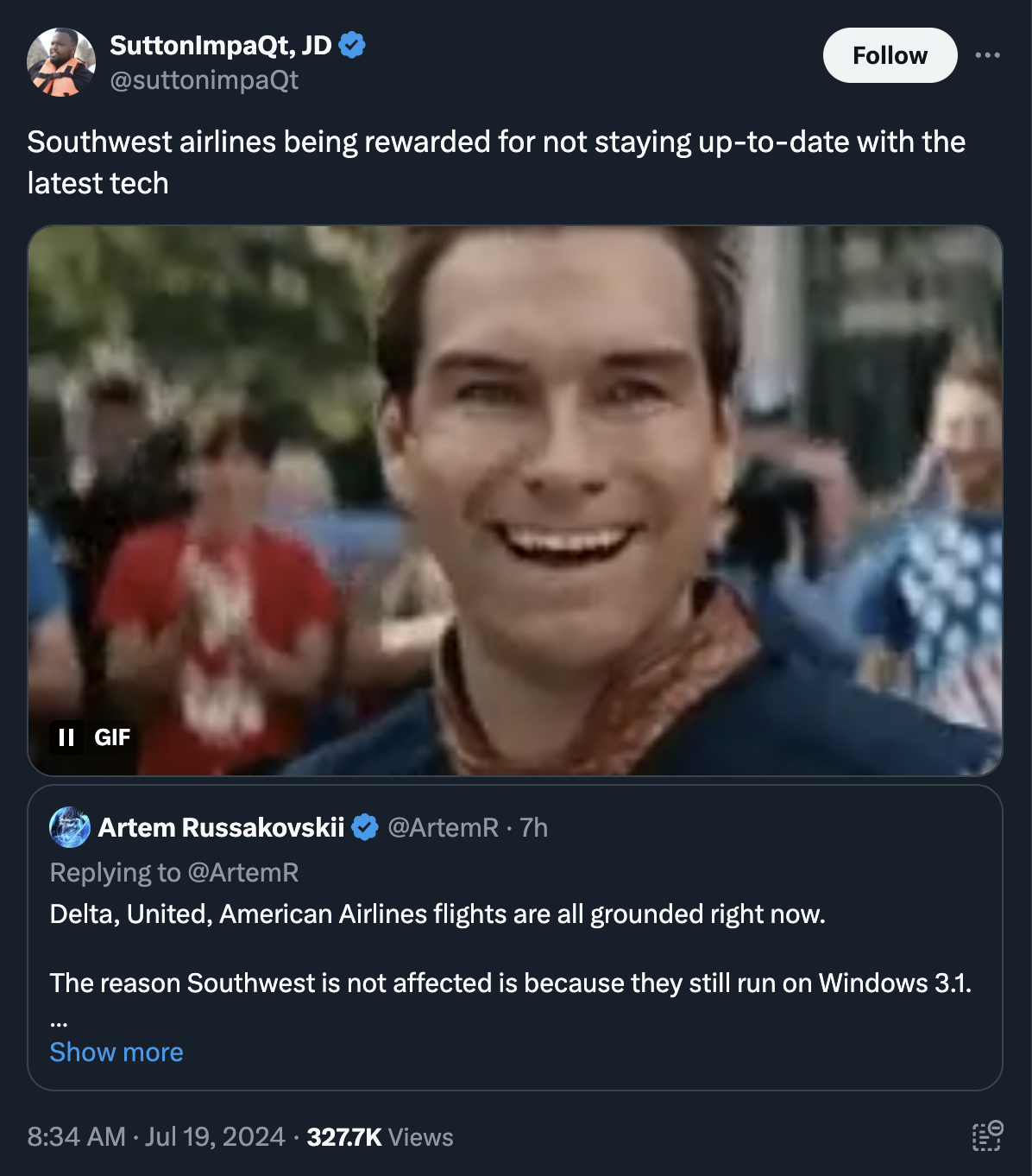 SuttonImpaQt, Jd Southwest airlines being rewarded for not staying uptodate with the latest tech Ii Gif Artem Russakovskii 7h Delta, United, American Airlines flights are all grounded right now. The reason Southwest is not affected is because they still…